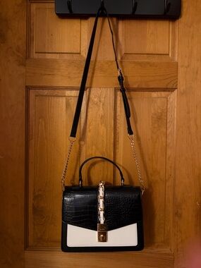 Aldo Black and White Croc-Texture Chain Top-Handle Crossbody